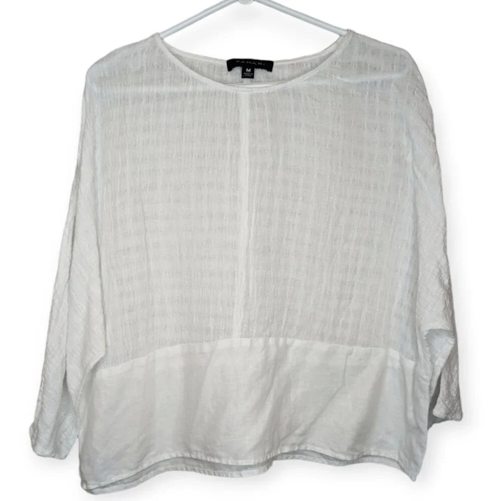 Tahari White Linen & Cotton Blend Bat Wing Long Sleeve Top Women Medium